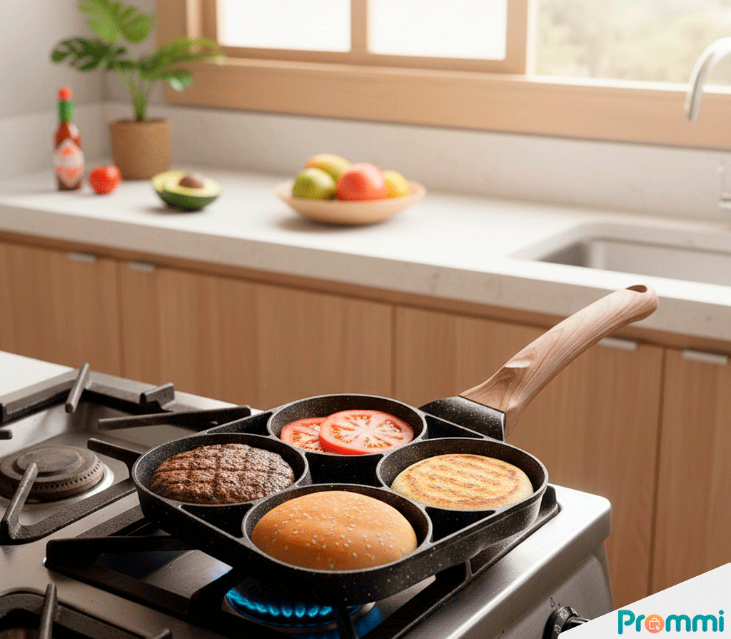 Sartén Antiadherente de 4 Puestos: Prepara Desayunos Rápidos y Perfectos